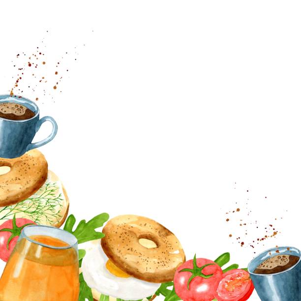 ilustrações de stock, clip art, desenhos animados e ícones de frame from bagel, sandwich with egg, tomatoes and herbs, cup and juice. hand drawn watercolor illustration on white background. delicious breakfast. template for decoration design menu. - coffee bagel donut coffee cup