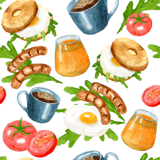 ilustrações de stock, clip art, desenhos animados e ícones de seamless pattern from bagel, sandwich with egg, sausages, tomatoes and herbs, cup of coffee and juice. hand drawn watercolor illustration on white background. delicious breakfast. template for design. - coffee bagel donut coffee cup