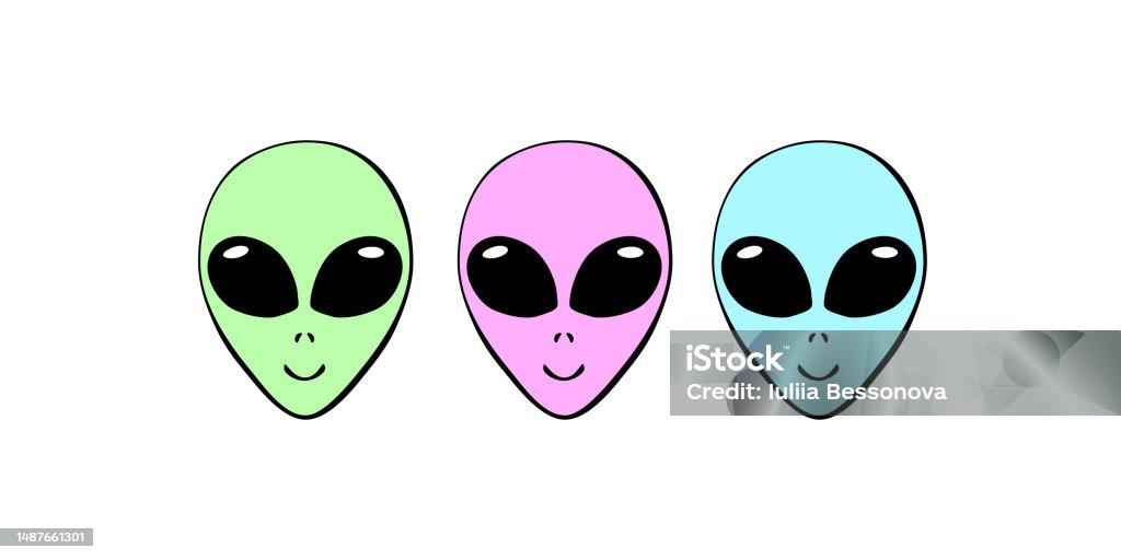 Vector Three Multicolored Alien Heads With Big Eyes In Doodle Flat ...