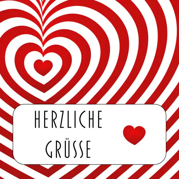 Vector illustration of Herzliche Grüße - text in German language - Kind regards. Greeting card with a red and white striped heart.