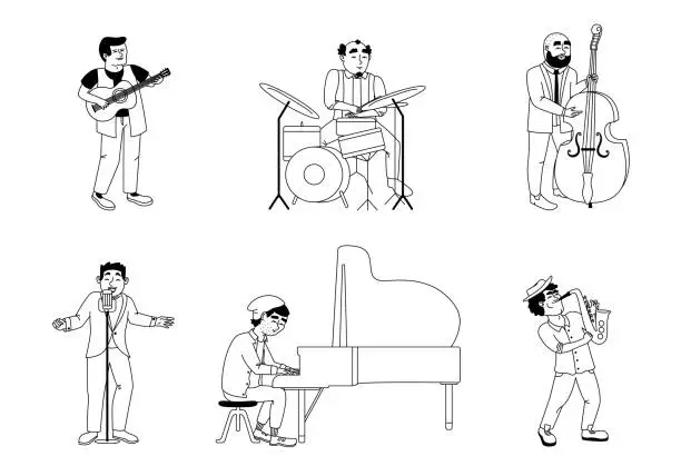 Vector illustration of Men playing different instruments.