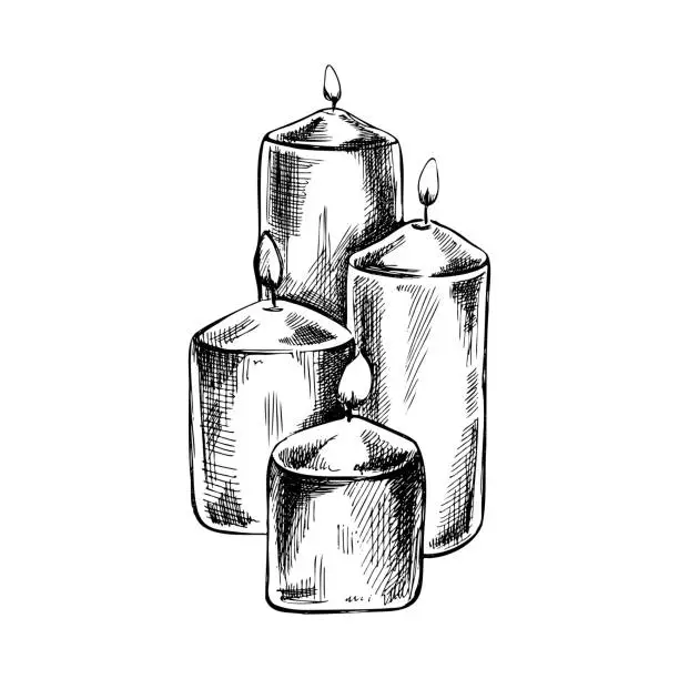 Vector illustration of Hand drawn sketch of burning candles. Vector illustration of a vintage style. Halloween or Christmas drawing.