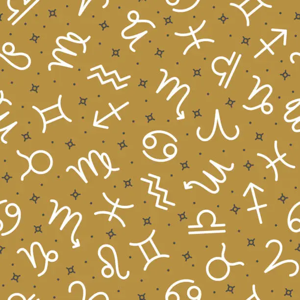 Vector illustration of Zodiac signs seamless pattern on gold metallic background