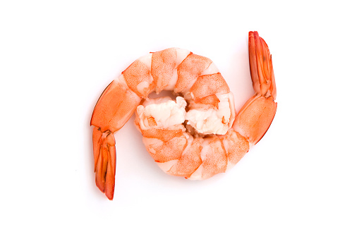 Cooked shrimp isolated on white background ,top view ,flat lay.