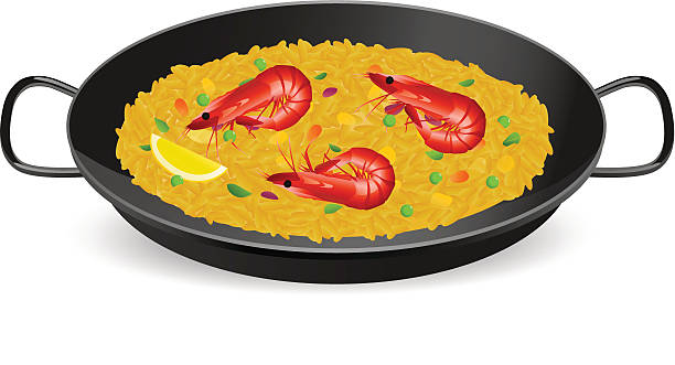 ilustrações de stock, clip art, desenhos animados e ícones de paella tradicional espanhol alimentos. arroz, marisco dentro de um recipiente - shrimp pan cooking prepared shrimp