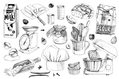 Baking set. Bakery and pastry stuff, tools, equipment and cooking ingredients. Hand drawn vector illustration