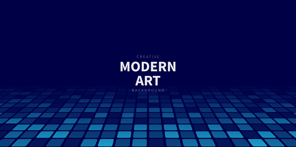 Modern and trendy background. Geometric design with a mosaic of squares, looking like a dance floor. Beautiful color gradient. This illustration can be used for your design, with space for your text (colors used: Blue, Black). Vector Illustration (EPS file, well layered and grouped), wide format (2:1). Easy to edit, manipulate, resize or colorize. Vector and Jpeg file of different sizes.