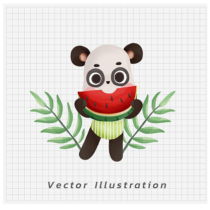 Summer vacation concept. Happy Cute kawaii Panda eating a big half piece of watermelon. vector cartoon watercolor illustration.
