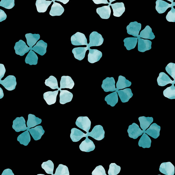 Blue flowers pattern Blue watercolor flowers seamless pattern. Hand drawn blue flowers on black background. Floral allover print blue rose against black background stock illustrations