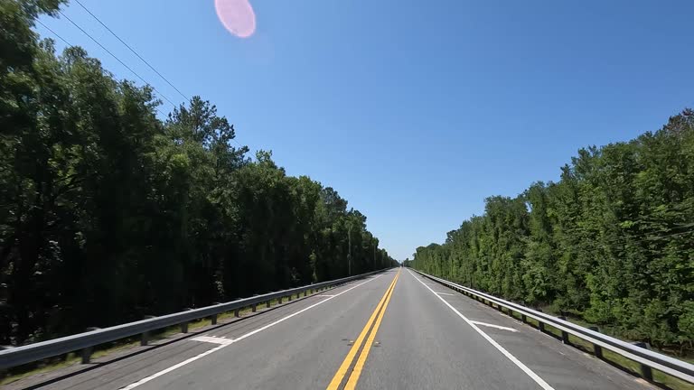 Front view from moving vehicle while driving on elevated road through floodplain