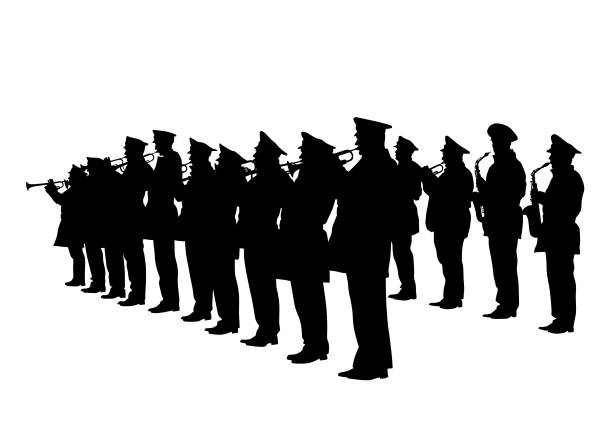 Military orchestra Music man whit brass band on blue background pics of a marching band stock illustrations