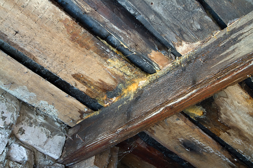 Floors of the old leaking roof. Wooden beams of a leaking roof.