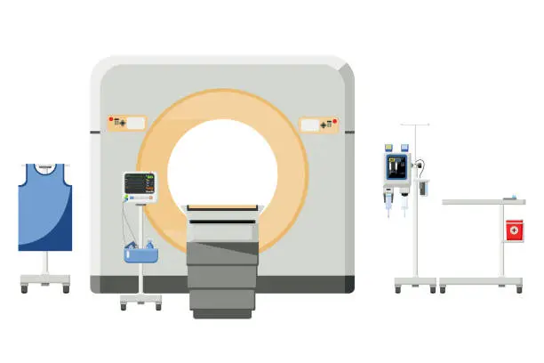 Vector illustration of Medical equipment, CT Scan is computed tomography used to diagnose abnormalities of various organs in the body. Equipment Contrast media injectors, Lead Apron,monitor patient, equipment prep table.