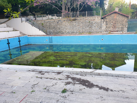 a dirty and abandoned pool with green water, scary pool, dyrty waterl, abandoned swimming pool, ruined pool