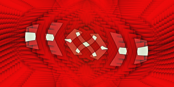few white coloured shapes on a row on top of a geometric background patterns in scarlet and red