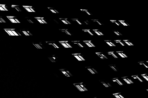 Windows in Student Dormitory. Lights. Night. Black and white. Cracov. Poland