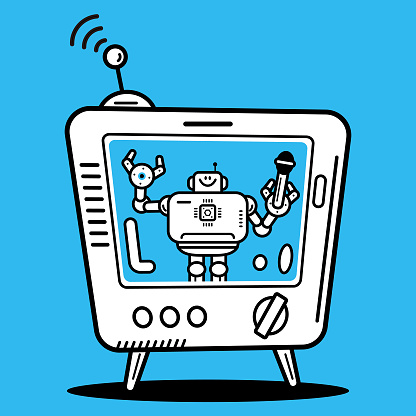 Cute AI characters vector art illustration.
An artificial intelligence robot host on TV holding a microphone.