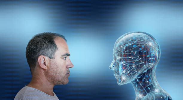 Man facing a robot with neuronal network stock photo