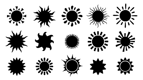 Black sun icons. Isolated summer signs, flat symbols hot weather. Abstract different suns, mascots with rays vector collection of sunshine and sunrise from black sun