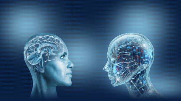 istock Woman facing a robot with neuronal network 1487680090