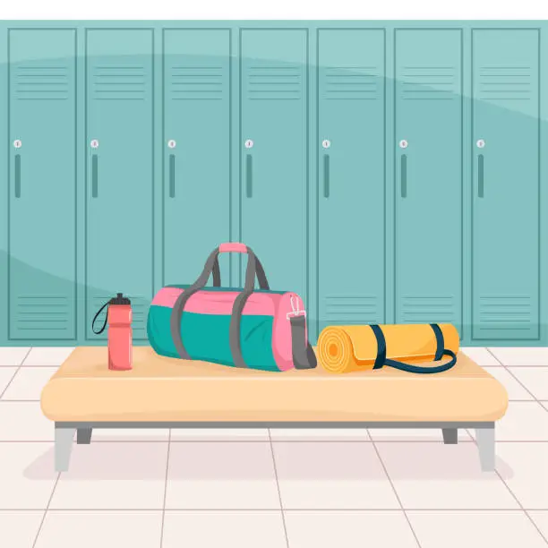 Vector illustration of Vector illustration of gym changing room, lockers for clothes, bench, gym bag, fitness mat and bottle of water.