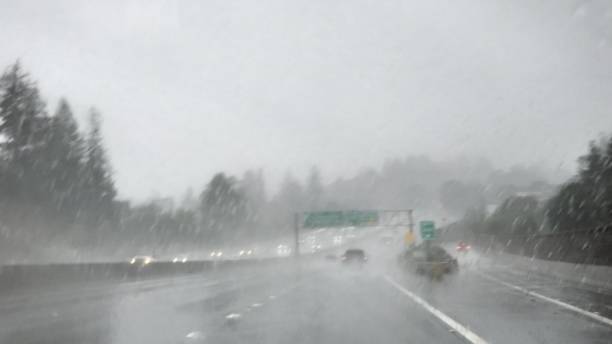 istock Driving in rainy foggy road 1487682954