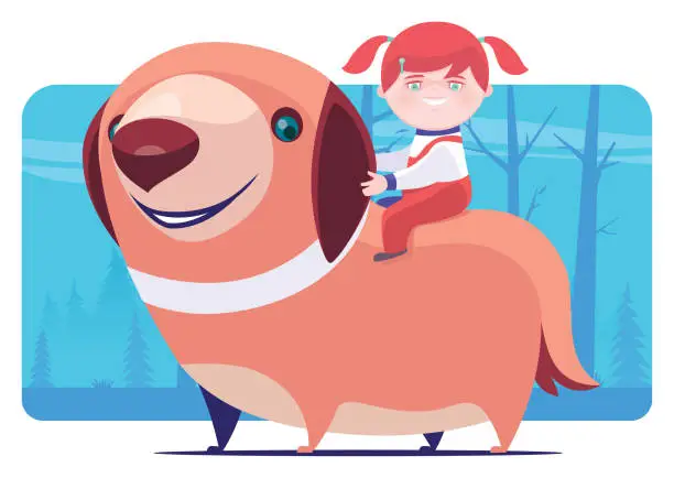 Vector illustration of little girl riding big dog