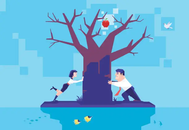 Vector illustration of couple pushing apple tree on island