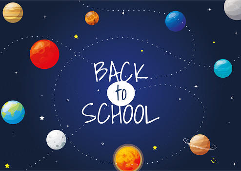 Back to school poster for kids with rosket, planets of the solar system and lines on the background. Cartoon vector illustration