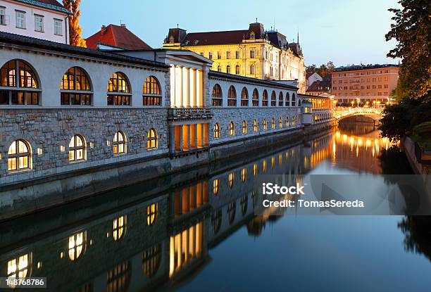 Ljubljana Slovenia Ljubljanica River And Central Market At Night Stock Photo - Download Image Now