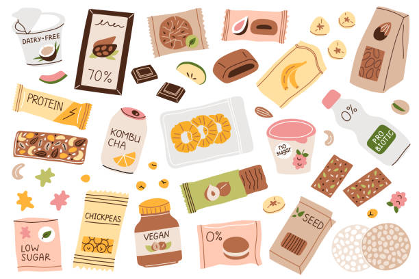 gesunde snacks handgezeichnete sammlung, doodle-symbole von vegan verpackten lebensmitteln zu kaufen, vektorillustrationen von proteinriegeln, trockenfrüchten, milchfreien produkten - packaged food stock-grafiken, -clipart, -cartoons und -symbole