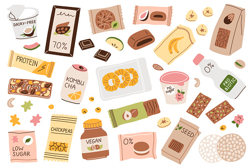 Healthy snacks hand drawn collection, doodle icons of vegan packaged food to buy, vector illustrations of protein bars, dried fruit, dairy free products, food with fiber for good health, isolated colored clipart on white background