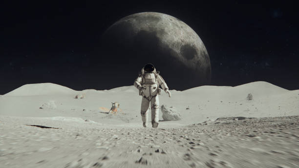 Moon as seen from Space Planet surface. The surface of Moon, strewn with small rocks and sand. Flight over Moon craters. Lunar outpost in the distance. Apollo Mission inspired. Following Shot of Brave Astronaut in Space Suit Confidently Walking on the Moon Surface. Space Planet as viewed from Moon surface. The surface of the moon, strewn with small rocks and sand. Flight over Moon craters. Moon surface, Desert, Cliffs, sand. Covered in Rocks. First Astronaut On the Moon Surface. Big Moment for the Human Race. Advanced Technologies, Space Exploration/ Travel, Colonisation Concept. NASA Public Domain Imagery. https://www.solarsystemscope.com/textures/ https://svs.gsfc.nasa.gov/cgi-bin/details.cgi?aid=4720 después de la toma de un valiente astronauta en traje espacial caminando con confianza sobre la superficie del planeta espacial, cubierto de rocas. primer astronauta en el planeta espacial. rover lunar y estación base. tecnologías avanzadas, exploració