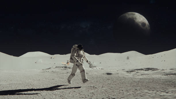 Moon as seen from Space Planet surface. The surface of Moon, strewn with small rocks and sand. Flight over Moon craters. Lunar outpost in the distance. Apollo Mission inspired. Following Shot of Brave Astronaut in Space Suit Confidently Walking on the Moon Surface. Space Planet as viewed from Moon surface. The surface of the moon, strewn with small rocks and sand. Flight over Moon craters. Moon surface, Desert, Cliffs, sand. Covered in Rocks. First Astronaut On the Moon Surface. Big Moment for the Human Race. Advanced Technologies, Space Exploration/ Travel, Colonisation Concept. NASA Public Domain Imagery. https://www.solarsystemscope.com/textures/ https://svs.gsfc.nasa.gov/cgi-bin/details.cgi?aid=4720 después de la toma de un valiente astronauta en traje espacial caminando con confianza sobre la superficie del planeta espacial, cubierto de rocas. primer astronauta en el planeta espacial. rover lunar y estación base. tecnologías avanzadas, exploració