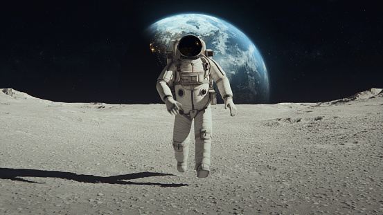 Following Shot of Brave Astronaut in Space Suit Confidently Walking on the Moon away from Earth Planet, Covered in Rocks. First Astronaut On the Moon. Moon rover and Base Station. Advanced Technologies, Space Exploration/ Travel, Colonization Concept.