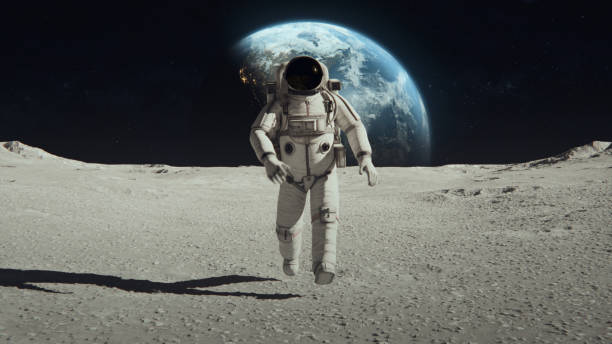 following shot of brave astronaut in space suit confidently walking on the moon away from earth planet, covered in rocks. first astronaut on the moon. moon rover and base station. advanced technologies, space exploration/ travel, colonization concept. - uzay yolculuğu aracı fotoğraflar stok fotoğraflar ve resimler