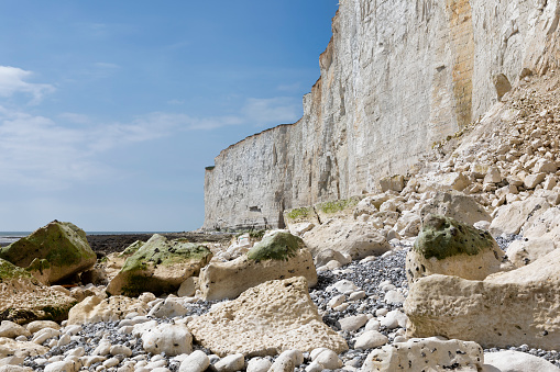 White chalk cliffs at Beachy Head near Eastbourne in East Sussex, England. Viewed from Birling Gap