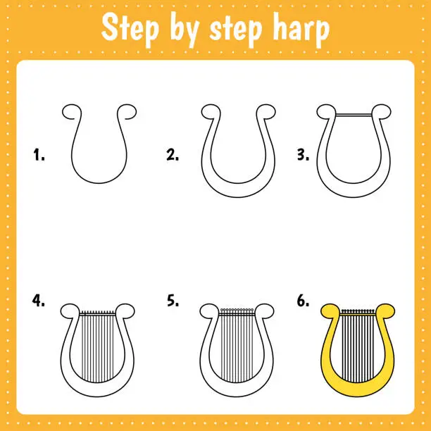 Vector illustration of Educational worksheet for kids. Step by step drawing illustration. Harp