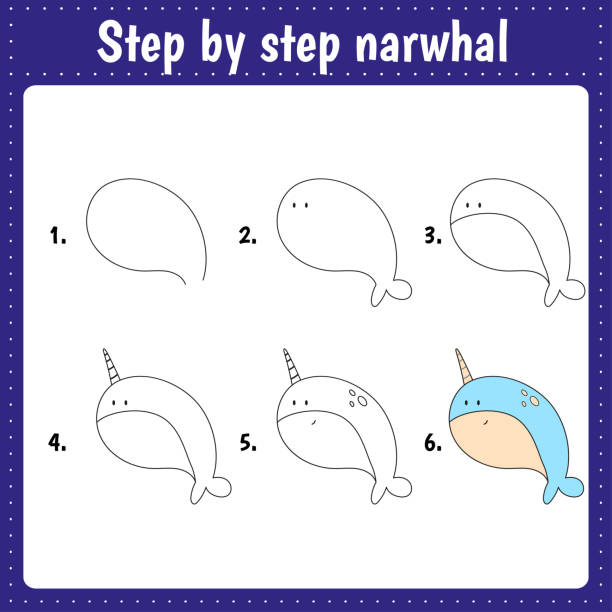 illustrations, cliparts, dessins animés et icônes de cours de dessin pour enfants. comment dessiner le narval. tutoriel de dessin avec drôle d’animal. étape par étape répète l’image. page d’art d’activité pour enfants pour livre. illustration vectorielle. - narval illustrations