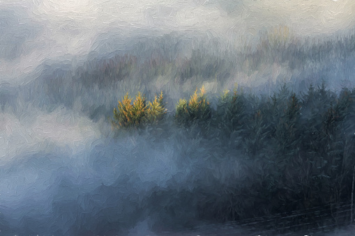 Trees, and fog digital oil painting of a Bamford Edge landscape vignette during a winter sunrise temperature inversion in the Peak District National Park, England, UK.