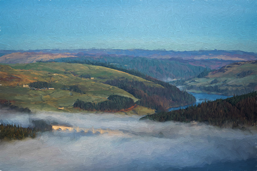 Bamford Edge. Ladybower, and Hope Valley. Digital oil painting of a winter sunrise temperature inversion in the Peak District National Park, England, UK.