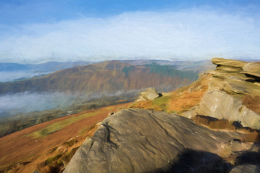 Digital oil painting of a Bamford Edge winter sunrise view of Win Hill in the Peak District National Park, England, UK