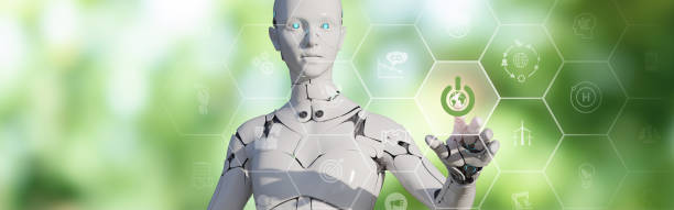 istock Green technology, using ECO solutions concept. Manage and restore nature to reduce greenhouse gas emissions. Robot ordering eco mode by pressing on power button with green globe icon. 1487696043