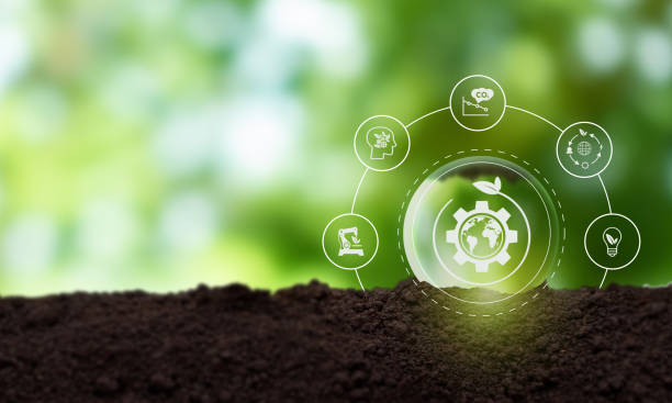 Natural climate solutions concept. Action for avoid greenhouse gas emissions and increase carbon storage in forests, grassland and wetlands. Gears and globe with leafs on nature background.