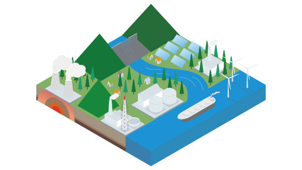 ilustrações de stock, clip art, desenhos animados e ícones de energy related simple icon set - isometric natural gas power station nuclear reactor