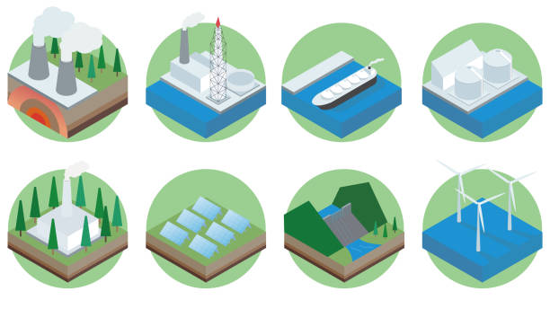 ilustrações de stock, clip art, desenhos animados e ícones de energy related simple icon set - isometric natural gas power station nuclear reactor