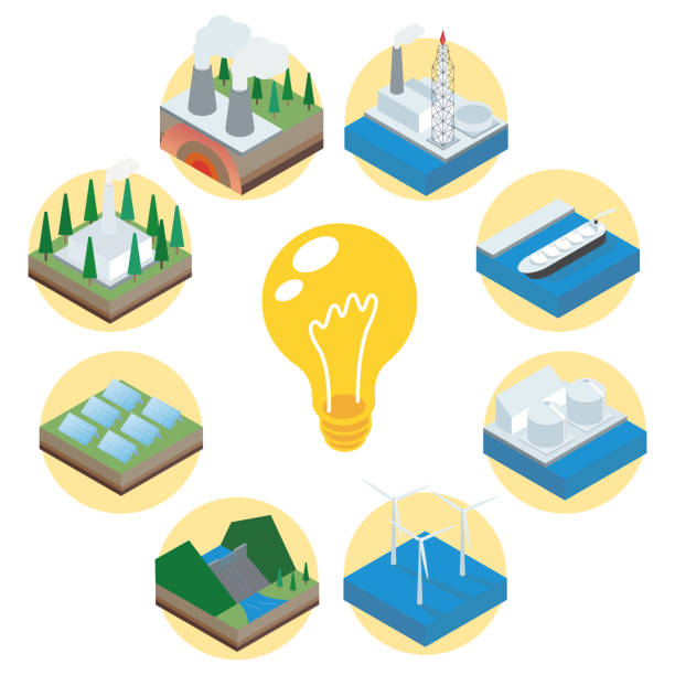 ilustrações de stock, clip art, desenhos animados e ícones de energy related simple icon set - isometric natural gas power station nuclear reactor