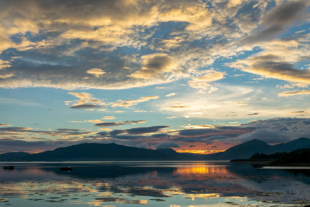 Dramatic sunset with water reflections on Loch Laich, Argyll, Scotland UK