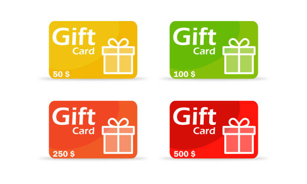 Gift card with dollar bonus , Customer gift reward bonus card 50$,100$,250$,500$ , collect bonus card vector Gift card with dollar bonus , Customer gift reward bonus card 50$,100$,250$,500$ , collect bonus card vector discount store stock illustrations