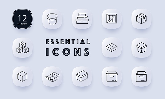 Cardboard boxes icon set. Perfect for, storage, or moving. Packaging concept. Neomorphism style. Vector line icon for Business